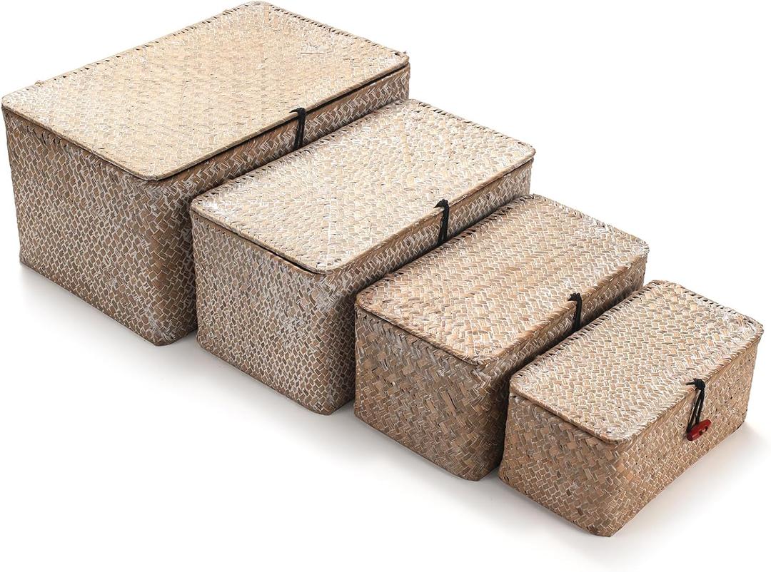 4 Pack, Wicker Baskets with Lids, Nautral Seagrass Storage Baskets, Wicker Storage Baskets for Organizing, Rustic Rectangular Storage Basket, Rattan Storage Organizer for Shelf Whitewash