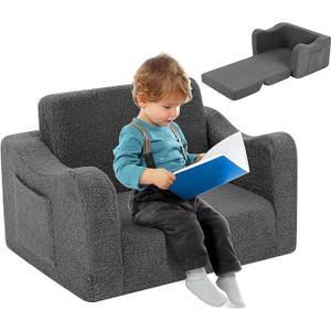 Kidirect Toddler Couch 2-in-1, Kids Sofa Bed Fold Out Convertible Lounger, Chair for Toddlers 1-3 with Storage Pockets, Gift for Boys Girls (Grey)