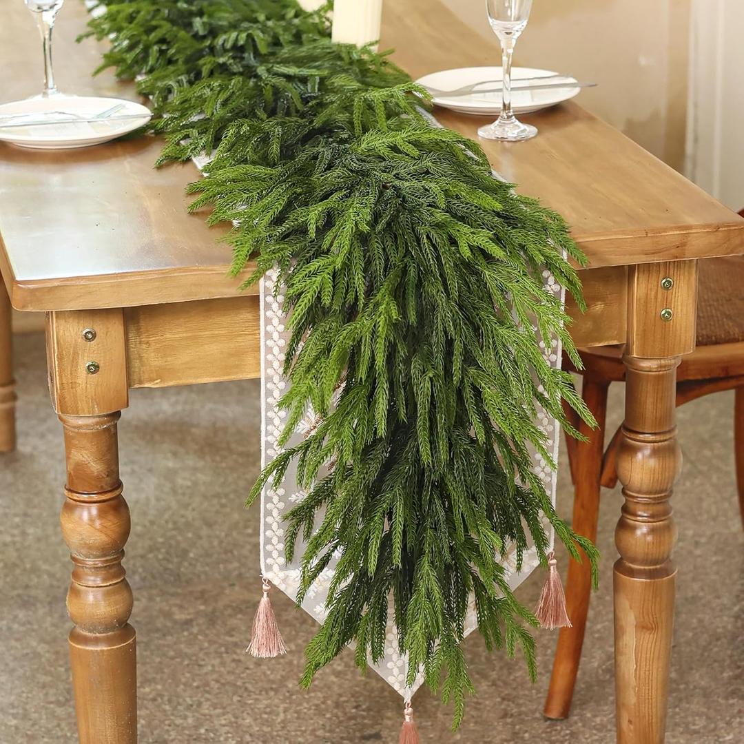 6FT Real Touch Norfolk Pine Garland - Artificial Christmas Garland Fake Green Faux Pine Needles Garland for Table Fireplace Mantle Holiday Home Indoor Outdoor Decor (1PCS)