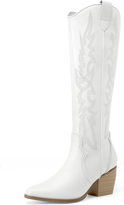 DREAM PAIRS Womens Cowboy Boots Wide Calf Comfortable Pull On Zipper Chunky Heel Pointed Toe Embroidered Western Cowgirl Knee High Boots Ladies Retro Tall Boot, Size: 7.5