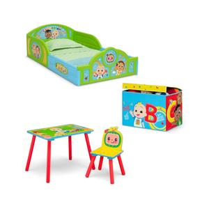 Delta Children - CoComelon 4-Piece Toddler Room-in-a-Box Set – Includes Sleep and Play Toddler Bed, Table, 1 Chair and Fabric Toy Box, Green