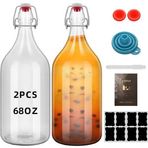 64oz Flip Top Glass Bottle 2 Liter Swing Brewing with Stopper for Beverages, Oil, Vinegar, Kombucha, Beer, Water, Soda, Kefir Airtight Lid & Leak Proof Cap Clear (clear 2 pcs)