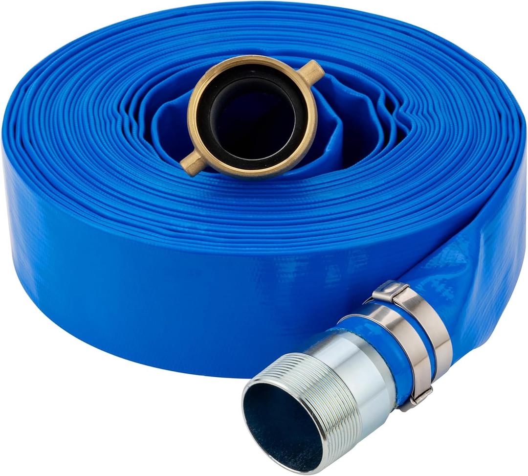 1-1/4" x 100ft PVC Lay Flat Water Pump Discharge Hose with NPT Pin Lug and Nipple Fittings, Heavy Duty Reinforced Pool Backwash Hose Assembly