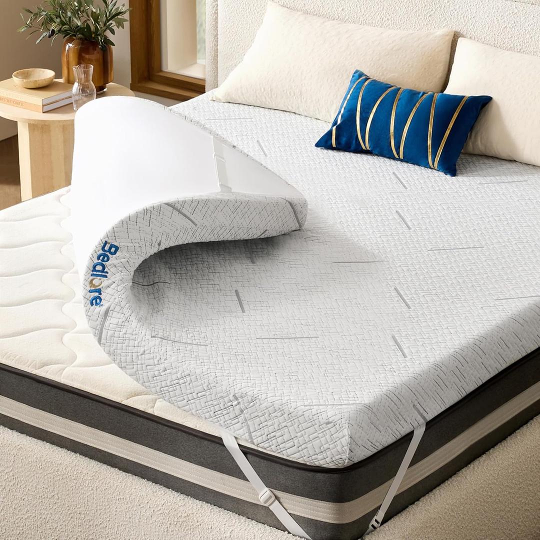 BEDLORE Queen Mattress Topper, 3 Inch Gel Memory Foam Mattress Pad with Straps for Back Pain Relief, Breathable & Non-Slip with Removable Washable Cover (White)