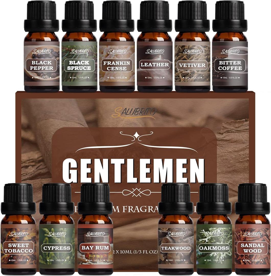 SALUBRITO Gentlement Fragrance Oils Set, Wood Essential Oils Set for Diffuser, Candle, Soap Making, Strong Scented Oil, Sandalwood, Frankincense and More