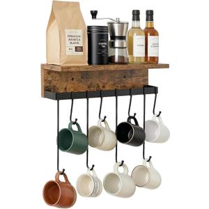 Wall Mounted Mug Holder, Floating Shelf with Hooks Wooden Decorative Storage Shelves for Mugs Cooking Utensils Towel Storage or Display