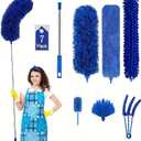Microfiber Duster, 8PCS Feather Duster with 100 Inch Telescoping Extension Pole, Reusable Bendable Dusters, Washable Lightweight Dusters for High Ceiling, Fan, Blinds, Window, Corners, Blue