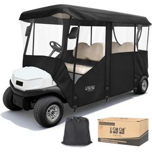 10L0L 2/4/8 Passenger Golf Cart Enclosure for Club Car Precedent/Tempo/Onward, 600D Waterproof Golf Cart Rain Cover, Driving Enclosure with 4-Sided Clear Windows Roll-up Door Black -Roof 58"-141"
