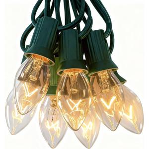 C7 Clear Christmas Lights 25FT, C7 Outdoor Patio String Lights with 27 Warm White Bulbs, Vintage Christmas Tree Lights for Roofline Roof Party Garden Decoration (Green Wire)