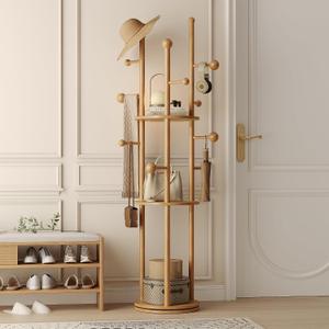 Coat Rack Freestanding,Coat tree Entryway,Mid-Century,Nature Wood Freestanding, Solid Wood, 9 Hooks & 3 Shelves, for Entryway, Hallway, Bedroom, Living Room, Office, Holds Bags, Hats, Purses, 15.75-inch base