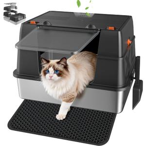 Stainless Steel Litter Box with Lid, Side Entry Extra Large High Sided Enclosure Litter Box, Removable Upper Cover Leak-Proof Odorless Non-Stick Easy Clean Metal Pan with Scoop & Mat