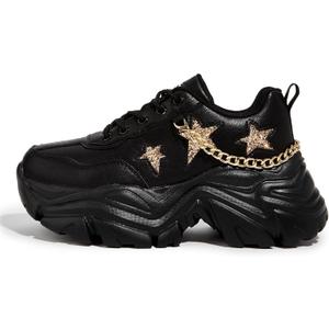 K KIP WOK Chunky Sneakers for Women Fashion Platform White Leather Casual Dad Shoes Comfortable Wedge Walking Sport Sneakers (8, Black Chain)