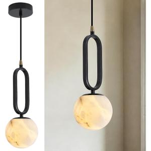 Modern Minimalist Natural Alabaster Stone Pendant Light Frosted Sphere Linear Black Metal Adjustable Hanging Lamp with G9 Base for Bedroom Kitchen Island Dining Room, One Size