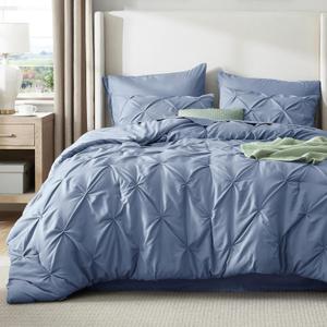 Bedsure California King Comforter Set - Bed in a Bag Cal King Bedding Set 7 PCS, GentleSoft Pintuck Bed Set Gift for Family, Pinch Pleat Slate Blue Comforter with Sheets, Pillowcases & Shams