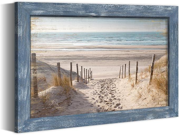 Framed Beach Road Wall Art: Modern Coastal Sea Level Painting Wood Decor Rustic Blue Ocean Artwork Calming Seascape Nature Picture Contemporary Sandy Seaside Prints for Bedroom Bathroom Living Room,