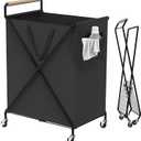 Foldable Metal Laundry Basket with Wheels, 2-Section Rolling Laundry Hamper, 37 Gallons (140L), Only 4LB, Removable Liner, Steel Frame with Handle, Black