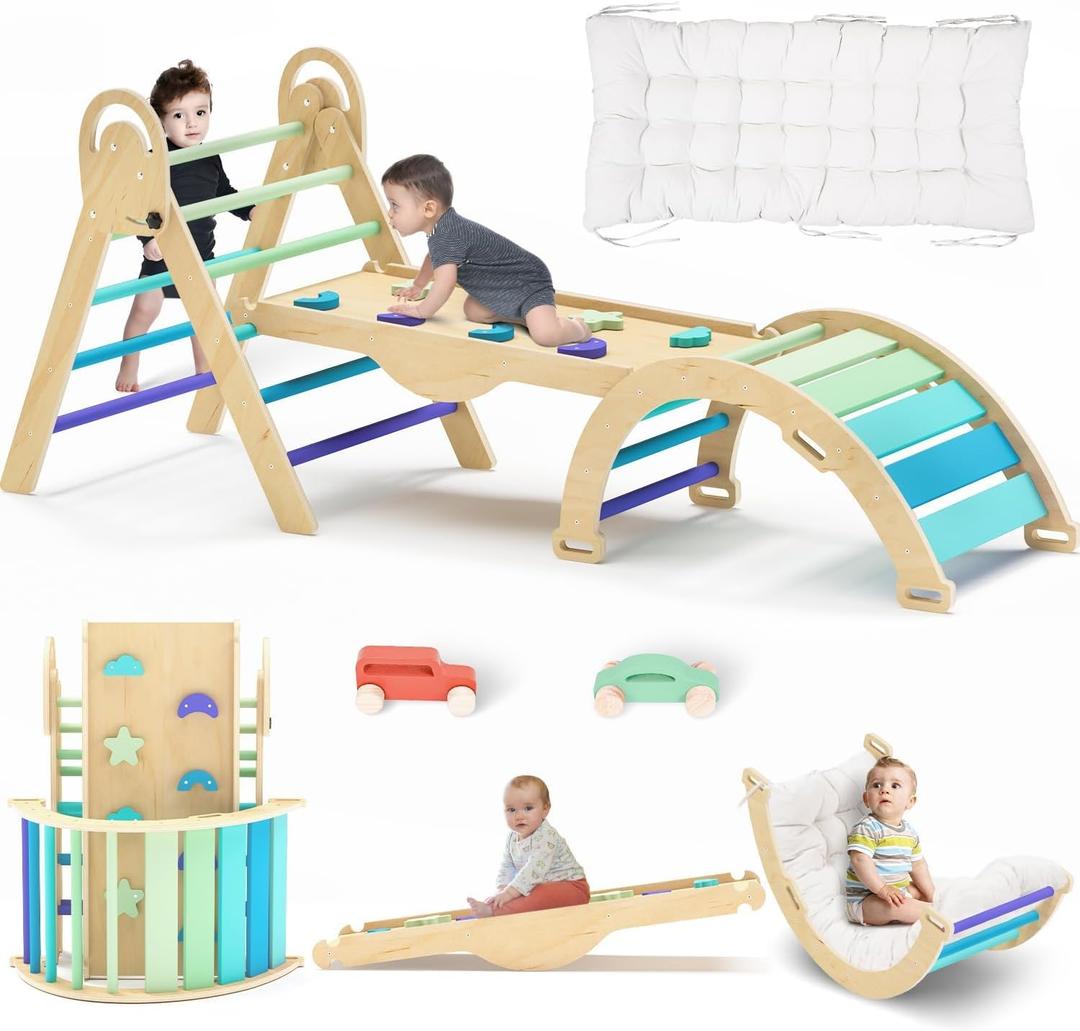 Pikler Triangle Set with Cushion, Montessori Climbing Set, Indoor Climbing Toys, Indoor Playground Jungle Gyms, 9 Combinations Climbing Toy Set for Toddler, Baby, Kids 1-4 (Nature-blue & 2car & Mat)