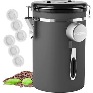 HAIOOU Airtight Coffee Canister, 22OZ Large Stainless Steel Coffee Bean Storage Container with Date Tracker, Measuring Scoop, CO2 Releasing Valves and Mini Tongs for Beans, Grounds and more - Gray