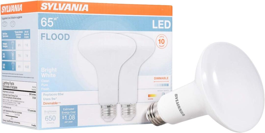 SYLVANIA LED Flood Light Bulb, BR30, 65W Equivalent, Efficient 9W, Dimmable, 10 Year, 650 Lumens, 3500K, Bright White - 2 Pack (78029)