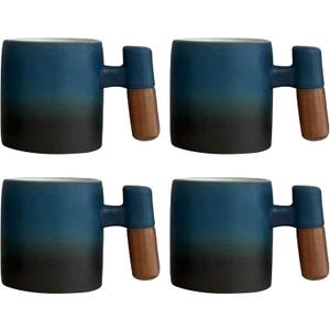 2-Oz Ceramic Espresso Cups with Wood Handle, 2/4-Piece Set for Coffee, Tea, Latte - Dishwasher Safe, Multi-Color & Wood Styles, Gift & Caf Use (blue black, Wooden Handle4)
