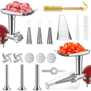Fruit & Vegetable Strainer Attachment and Food Meat Grinder Attachment for Kitchenaid Stand Mixer with Sausage Stuffer Tubes and Fruits Juicer Auger Strainer