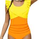 Girls Swimsuit One Piece Ruffle Trim Swimwear Criss Cross Girls Bathing Suit, 13-14 Years