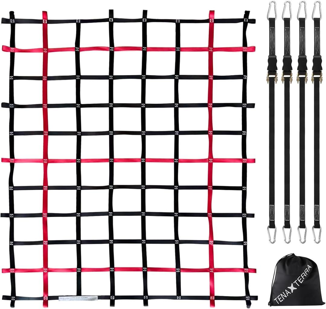 Cargo Net for Pickup Truck Bed with 4Pcs Ratchet Tie-Down Straps, 50"x66", (WLL) 1100lbs, Heavy Duty Storage Netting for Trailer's Cargo Carrier, Black and Red