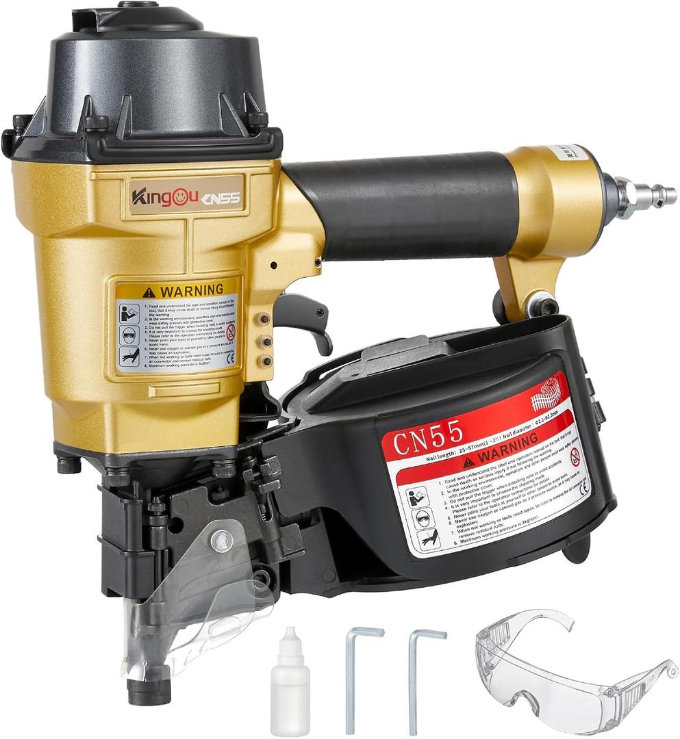 Kingou CN55 Coil Siding Nailer Gun For Wooden Pallet Accepts 1 Inch To 2-1/4-Inch Nails With 1/4 NPT Air Connector 300-400pcs Load Capacity Coil Nailer Coil Nail Gun For Wooden Box Packing