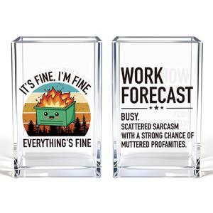 Everything's Fine Work Forecast Funny Acrylic Pencil Pen Holder Cup Set 2, Cute Pencil Holder Desk Organizer, Dumpster Fire Desk Accessories, Sarcastic Office Gifts for Women Men Coworkers