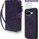 Harryshell 2 in 1 for Google Pixel 9A Wallet Case Magnetic Compatible with Magsafe RFID Blocking Card Holder Detachable Phone Cover Zipper Purse Kickstand Wrist Strap for Men Women Floral Purple