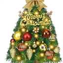 Dolicer 2FT Mini Christmas Tree with Lights, Artificial Small Christmas Tree Tabletop Xmas Tree with Lights Gold Hanging Ornaments for Small Space