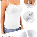 GKBK Built in Bra Womens Padded Lace Tank Tops Double Lined Spaghetti Strap Fitted Layering Club Night Party Cami Shirt (White, XS)