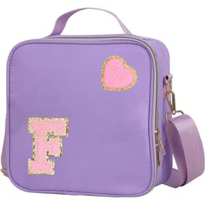 Insulated Nylon Lunch Box for Girls, Kids, and Women-Stylish Purple Preppy Large Lunch Bag with Adjustable Strap and Chenille Letter 'F', Tote for School, Travel, and Picnics-Ideal Preppy Stuff Choice