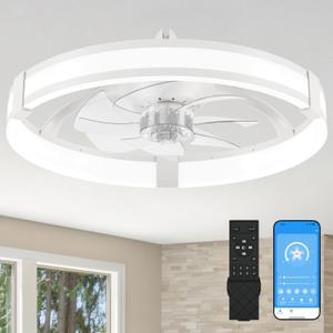 Aipsun Low Profile Ceiling Fans with Lights and Remote, 3000K-6500K Smart Bladeless LED Fan Light, 20" Modern Flush Mount Ceiling Fans with Lights for Bedroom (White)