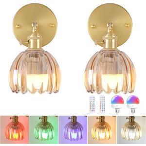 Vintage Battery Operated Wall Sconce with Amber Tulip Glass Lampshade Wireless Rechargeable Battery Powered Wall Light with Remote Control for Bedside Bedroom Doorway, Set of 2