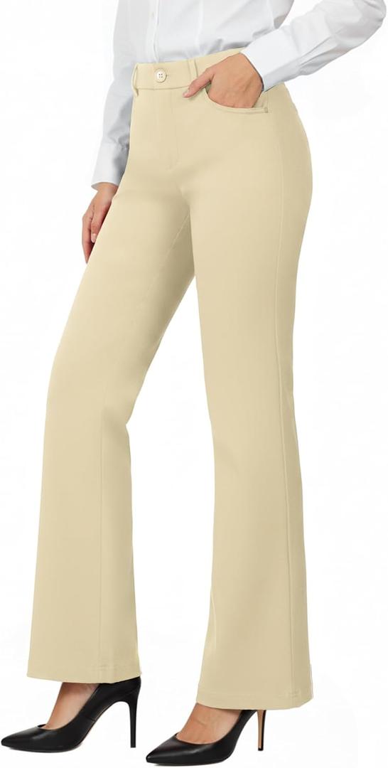 Womens Straight Leg Dress Pants Stretchy Bootcut Work Pants Button Casual Slacks with Pockets (Beige, M)
