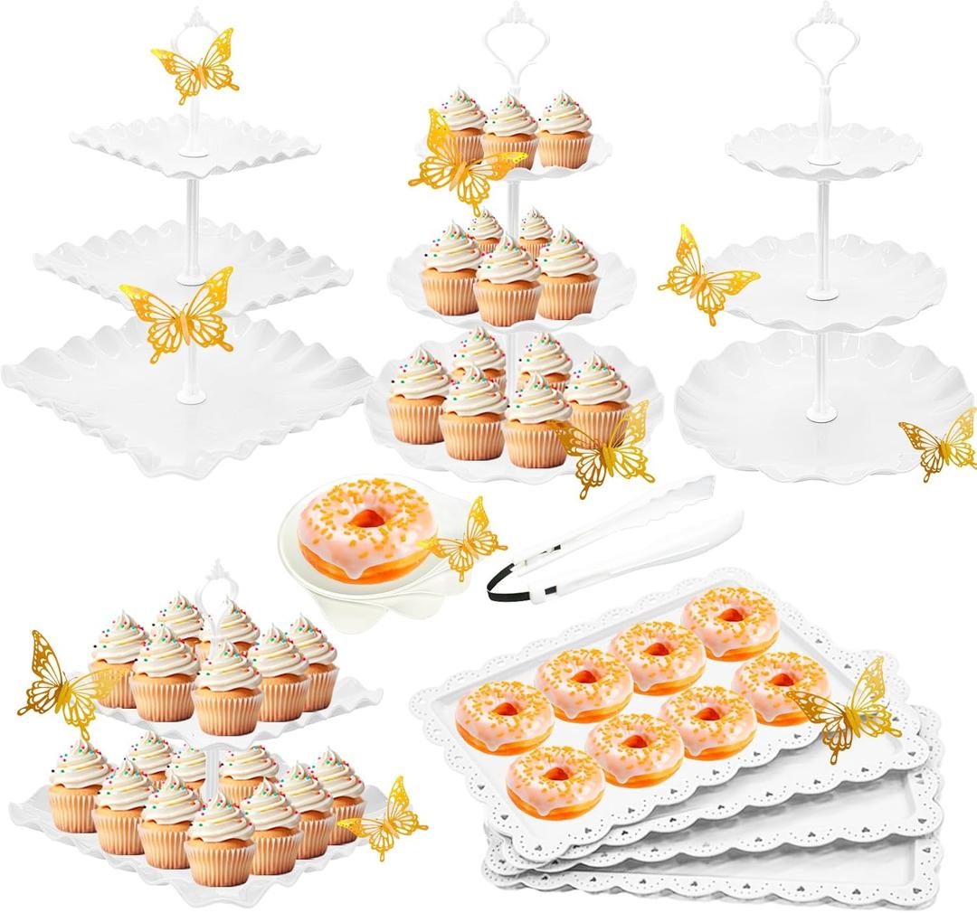 15 PCS Dessert Table Display Set White Cupcake Stand,3 Tiered Tray Stand Cup Cake Tower Holder, Cake Stand Serving Trays Dessert Display Stands for Tea Party Wedding Baby Shower-White