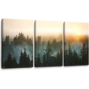 Forest Bathed in Sunlight Canvas Print Picture Painting Wall Art for Bedroom Living Room Framed 3 Piece Artwork Wall Decor for Bathroom Modern Room Plants Wall Decorations Size 16x24x3 Ready to Hang (Black)
