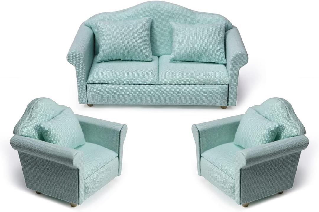 Dollhouse Couch Miniature Furniture Sofa with Pillows for Living Room Desktop Decoration Fabric Sofa Mini Home Scene Accessories Ornament (Sofa Set, Green)
