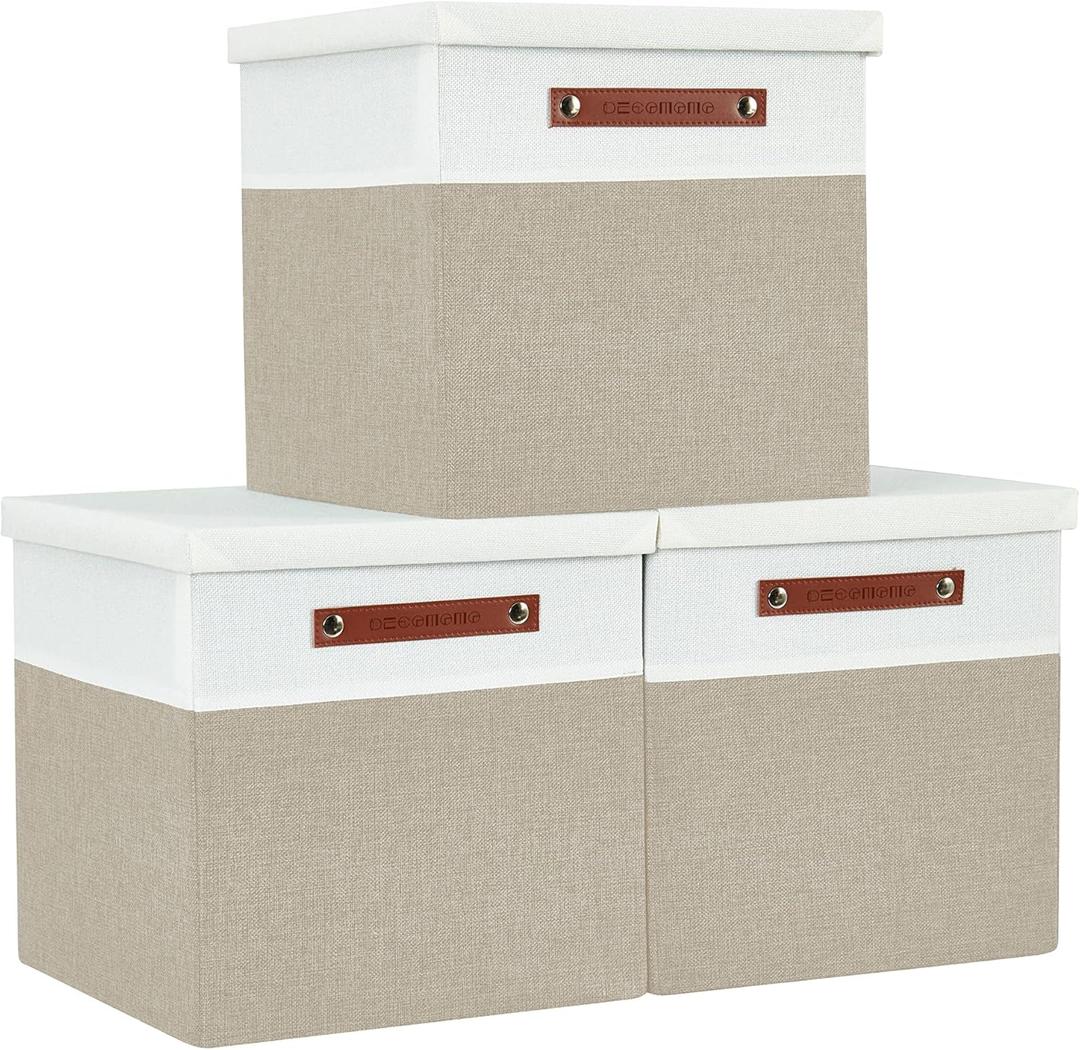DECOMOMO Storage Basket with Lid, Storage Cubes with Handles, Fabric Box with Lid (Beige and White, 11 / 3 Pack)