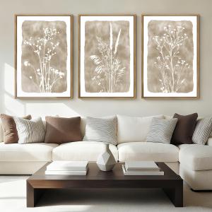 ANHUIB Beige Neutral Floral Canvas Wall Art 16x24 Inch Framed Beige Brown Botanital Wall Decor Large Rustic Farmhouse Wildflower Artwork Vintage Plant Art Prints Set of 3 for Living Room Bedroom Office