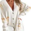 Saodimallsu Womens Oversized Cardigan Sweaters Bow Printed Button V Neck Long Sleeve Loose Knit Fall Trendy Coats (Beige)