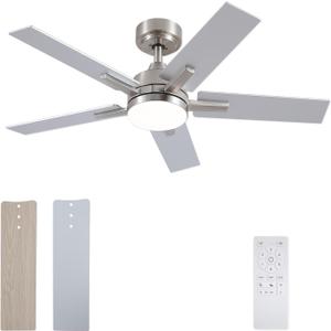 Ceiling Fans with Lights, 42 Inch Brushed Nickel Ceiling Fans with Lights and Remote Control, Reversible, 3CCT, Dimmable, Noiseless, Downrod, Small Ceiling Fan for Bedroom, Indoor/Outdoor Use