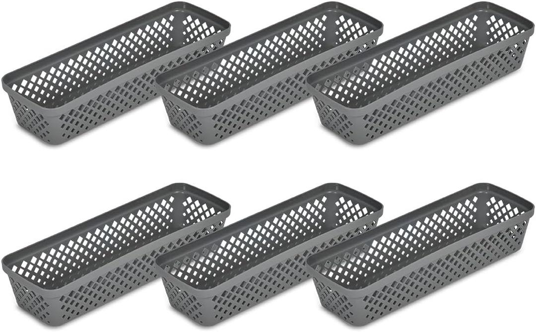 Glad Plastic Storage Basket Set - Multipurpose Drawer Trays, Kitchen Pantry Containers, and Bathroom Bins - 6 Pack Narrow Organizers, Grey