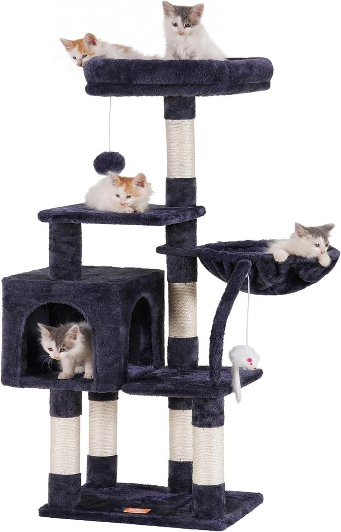 Heybly Cat Tree with Toy, Cat Tower condo for Indoor Cats, Cat House with Padded Plush Perch, Cozy Hammock and Sisal Scratching Posts, Smoky Gray HCT004SG (43.3 inch)