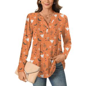 Bestbee Women's Long Sleeve Button-Down Shirts V Neck Tunic Tops 2024 Fall Tops Casual T-Shirts Dressy Blouses (Red, L)