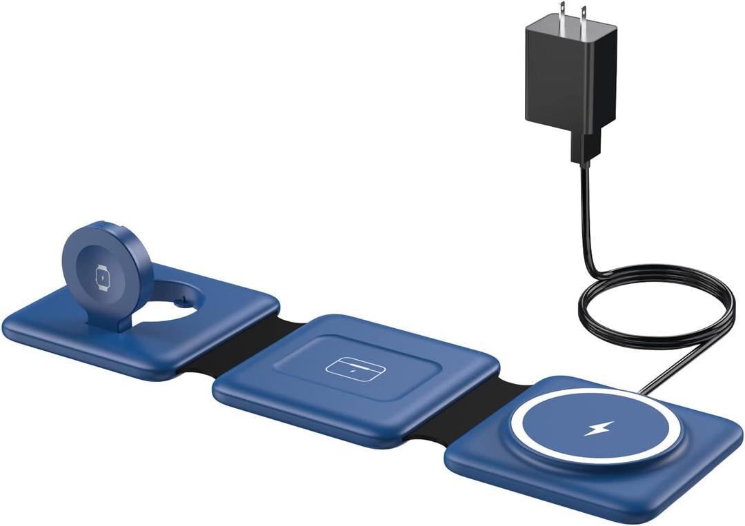 Charging Station for Apple Devices - 3 in 1 Magnetic Foldable Wireless Charger Dock - Travel Charging Pad for MagSafe iPhone 16 15 14 13 12 Pro Max Plus Watch & Airpods (Blue)