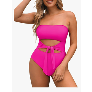 Pink Queen Women Bandeau One Piece Swimsuit Removable Strap Cutout Tie High Waist Bathing Suit Monokini, size L