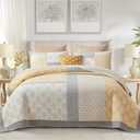 Finlonte King Size Quilt, 100% Cotton Comforter King Size, Yellow Grey Farmhouse Quilted Bedspread, Patchwork Lightweight Reversible Quilt Bedding Set for King Bed, 3-Pieces