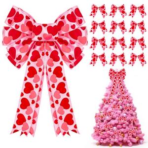 Ovveroche 13pcs Valentine Tree Topper Bow with Heart Decorations Include 1pc Large 19.69 x 11.02 Inch and 12pcs Small 5.91 x 5.91 Inch Red Pink Bows Decor for Wedding Party Home Door Wall Decor
